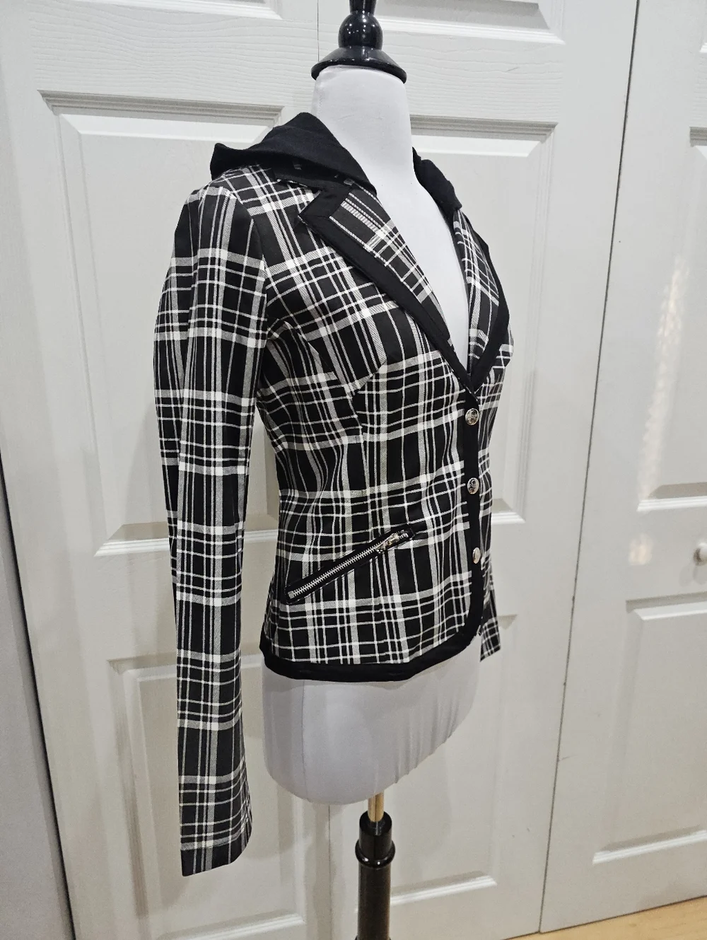 Rare Vintage Punk Goth Tripp NYC Black & White Plaid Snap Blazer Jacket Coat S - Picture 3 of 12